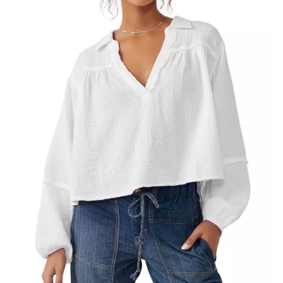 We The Free People Double Cloth Yucca Peasant Top Blouse White Sz S - Picture 5 of 8